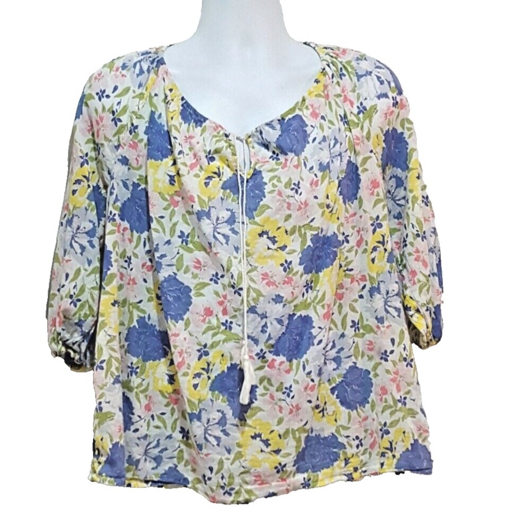 Chaps Blouse Size L Women's 3/4 Sleeve Multicolor Floral  Keyhole Tie Neck